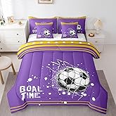 Erosebridal Teens Football Decor 7 Piece Bedding Set Soccer Goal Bed in A Bag Full Ball Sports Games Comforter Set with Sheets Boys Geometric Stars Striped Bedding Comforter Sets, Purple Yellow