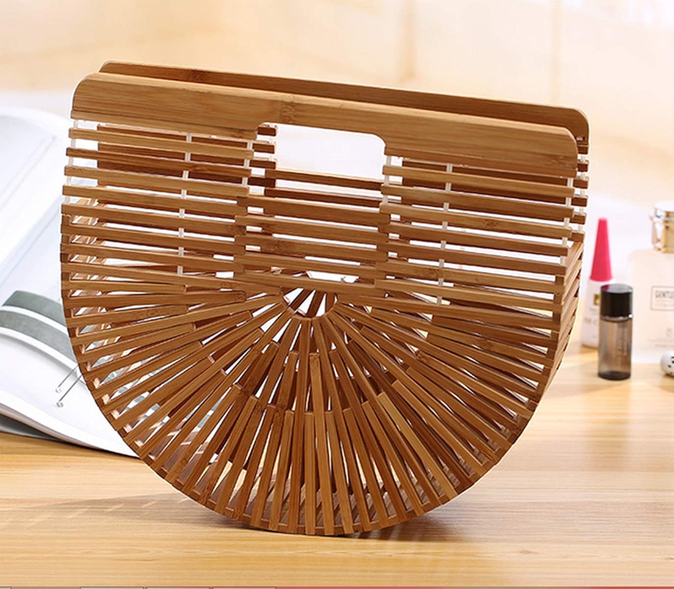 Summer Bamboo Beach Bag Wooden Handmade Tote Womens Straw Tote Bag