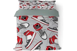 PALNOKIN Cool Basketball Shoes Duvet Cover Set Full Size, Retro Sports Red Sneakers Bedding Comforter Cover for Teen Boys Girls Bedroom Decor, 3 Pieces Soft Microfiber Bedding Sets with 2 Pillowcases