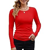 GEMBERA Womens Ribbed Long Sleeve Crewneck Casual Slim Basic Shirts Fitted Knit Tops