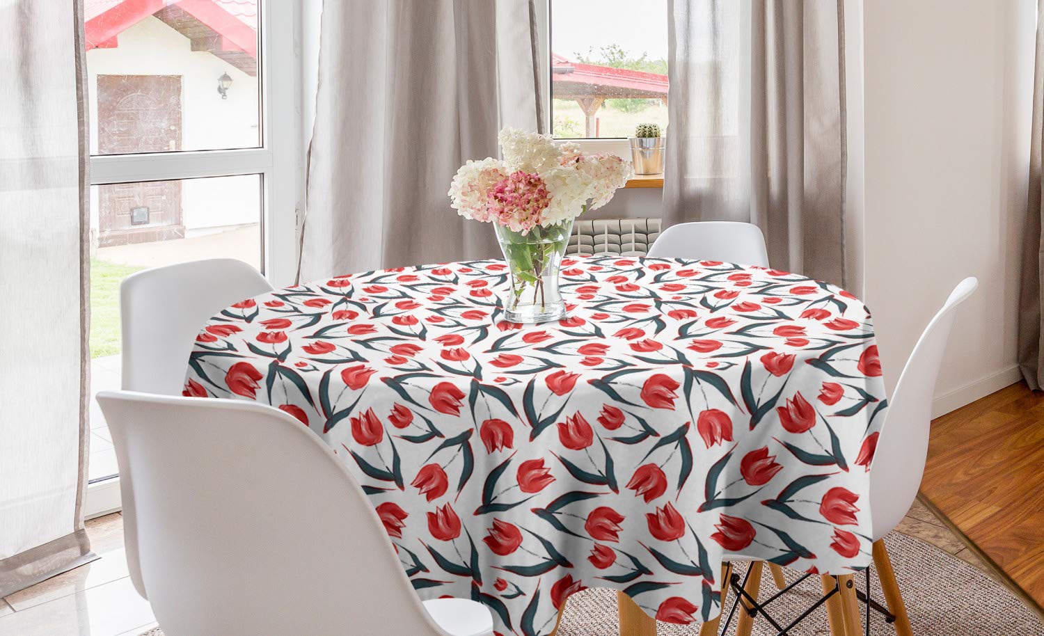 ABAKUHAUS Tulip Round Tablecloth, Original Vintage Inspired Irregular Dutch Tulips and Leaf Ornate Boho Retro Artprint, Circle Table Cloth Cover for Dining Room Kitchen Decoration, 60", Red Green