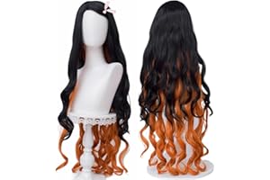WIGGY MERMAID SL Nezuko Cosplay Wig + Pink Ribbon for DS, Long Black Orange Wig Anime Hair Wigs with Cap for Halloween Costume Party