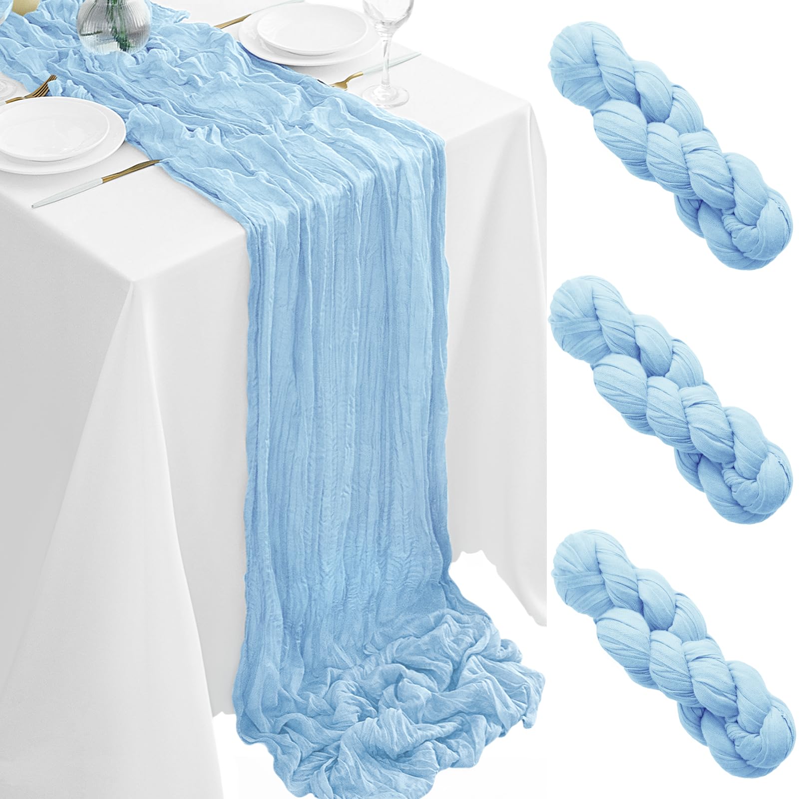 Photo 1 of 3Pack Light Blue Table Runner 35 x 120 inch Cheesecloth Table Runner 10FT Boho Table Runners Rustic Gauze Cheese Cloth Table Runners for Party Wedding Birthday Dining Bridal Shower Baby Shower Decor