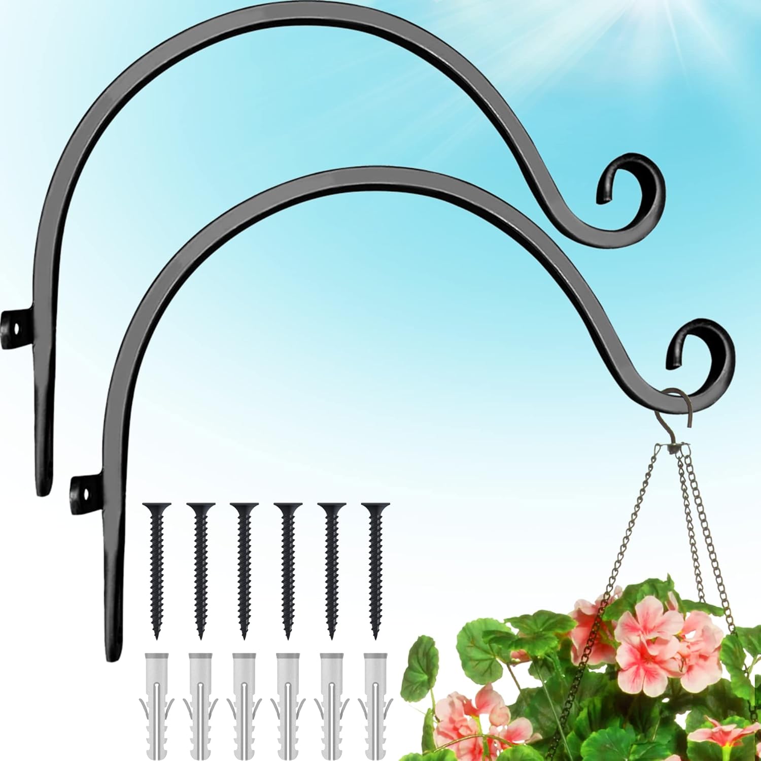 Outdoor Hanging Brackets - Gray Bunny 2 Pack Outdoor Plant Hanger Hook, 15” Hand Forged Curved Iron Wall Hooks for Bird Feeders, Lanterns, Wind Chimes, Patio Decor - Black