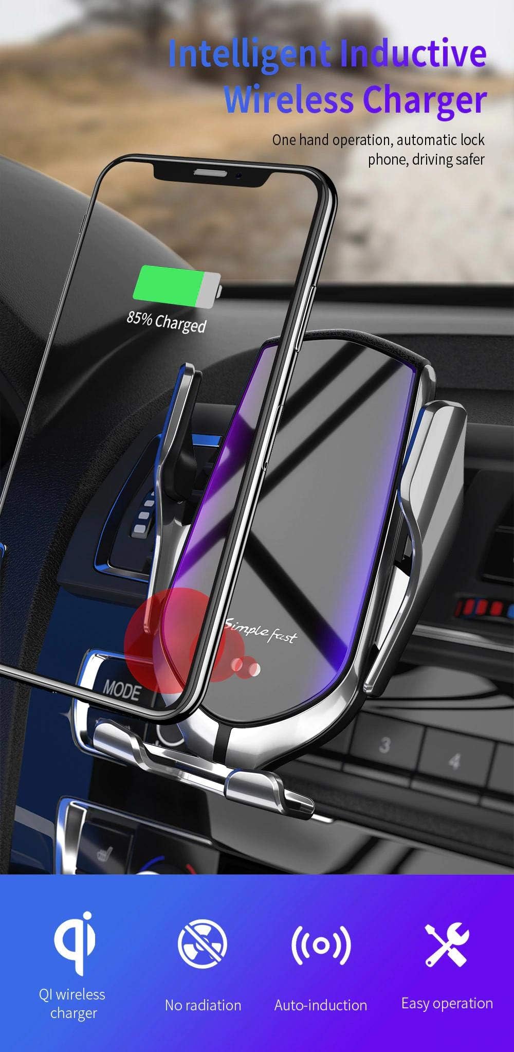DSDealz Wireless Car Charger Mount Auto Clamping Qi Holder for iPhone Samsung, 7.5W / 10W Fast Charging, Infrared Motion Sensor (Silver)