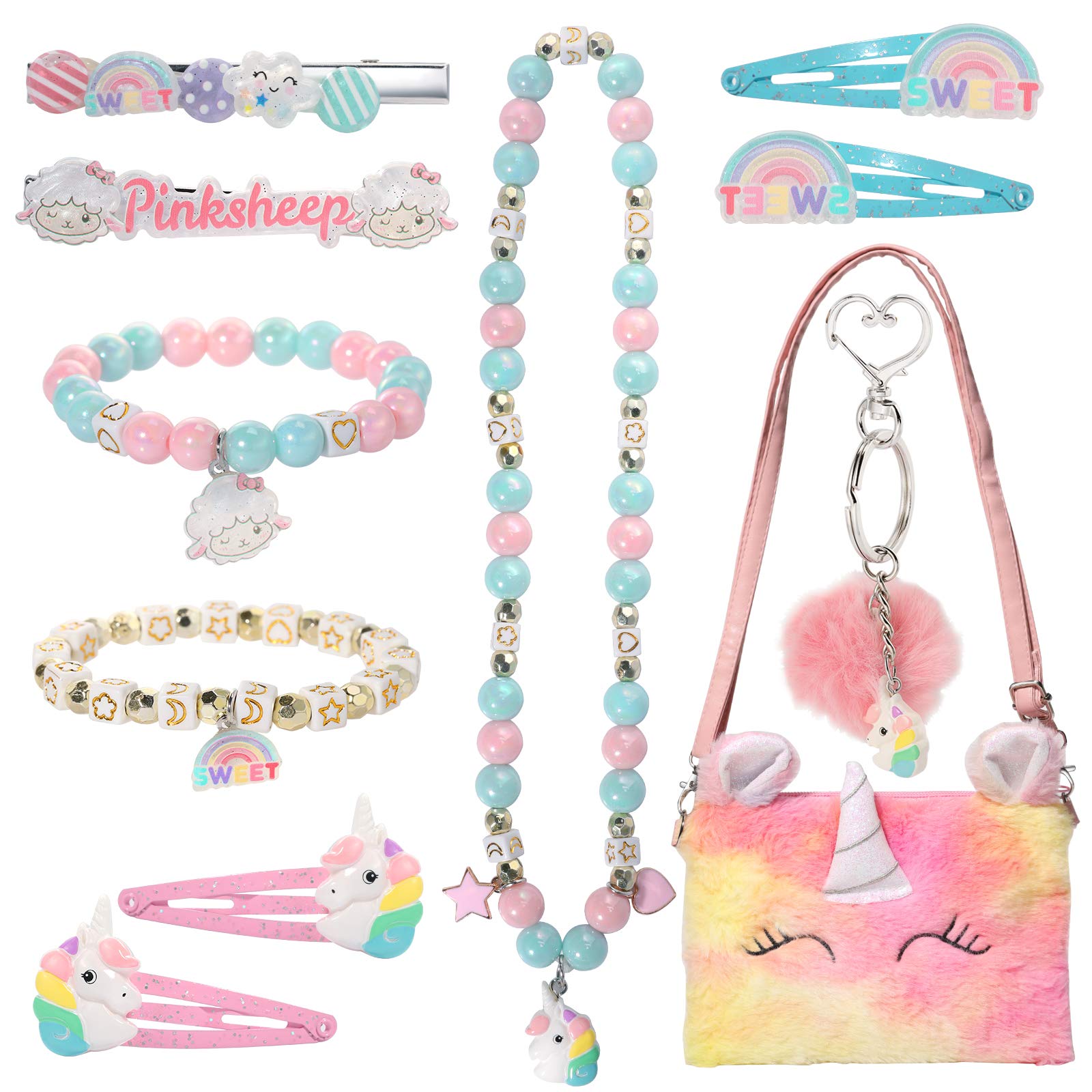 Pinkgarden Plush Unicorn Jewelry Handbag, Unicorn Necklace Bracelet Hair Clip, Best Gift