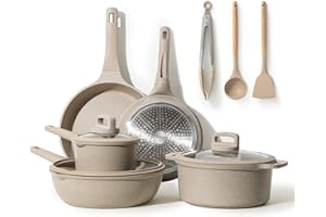 CAROTE Pots and Pans Set Non Stick, 11Pcs Nonstick Kitchen Cookware Sets, Stackable Induction Cookware, Pot and Pan Set, Pans for Cooking, Taupe Granite