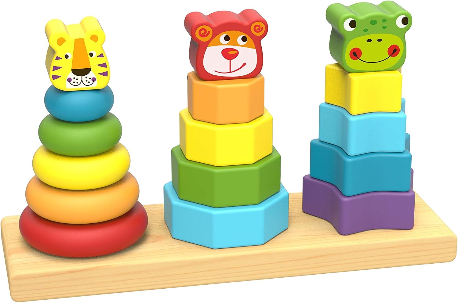 Wooden Toys Wooden Stacking Toys – Baby Stacking Toys – Stacking Rings with Lion, Dog and Frog Head – Designed for Cognitive and Fine Motor Skills Development – Classic Stacker for 2 Year Olds