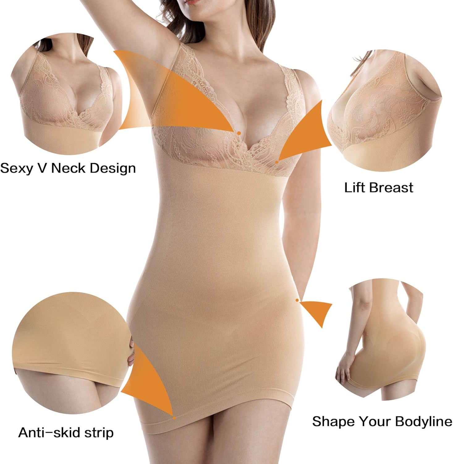 +MD Women's Full Body Shapewear Firm Control Seamless Slip V Neck Lace Tummy Control Slip Under Dresses at  Women’s Clothing store