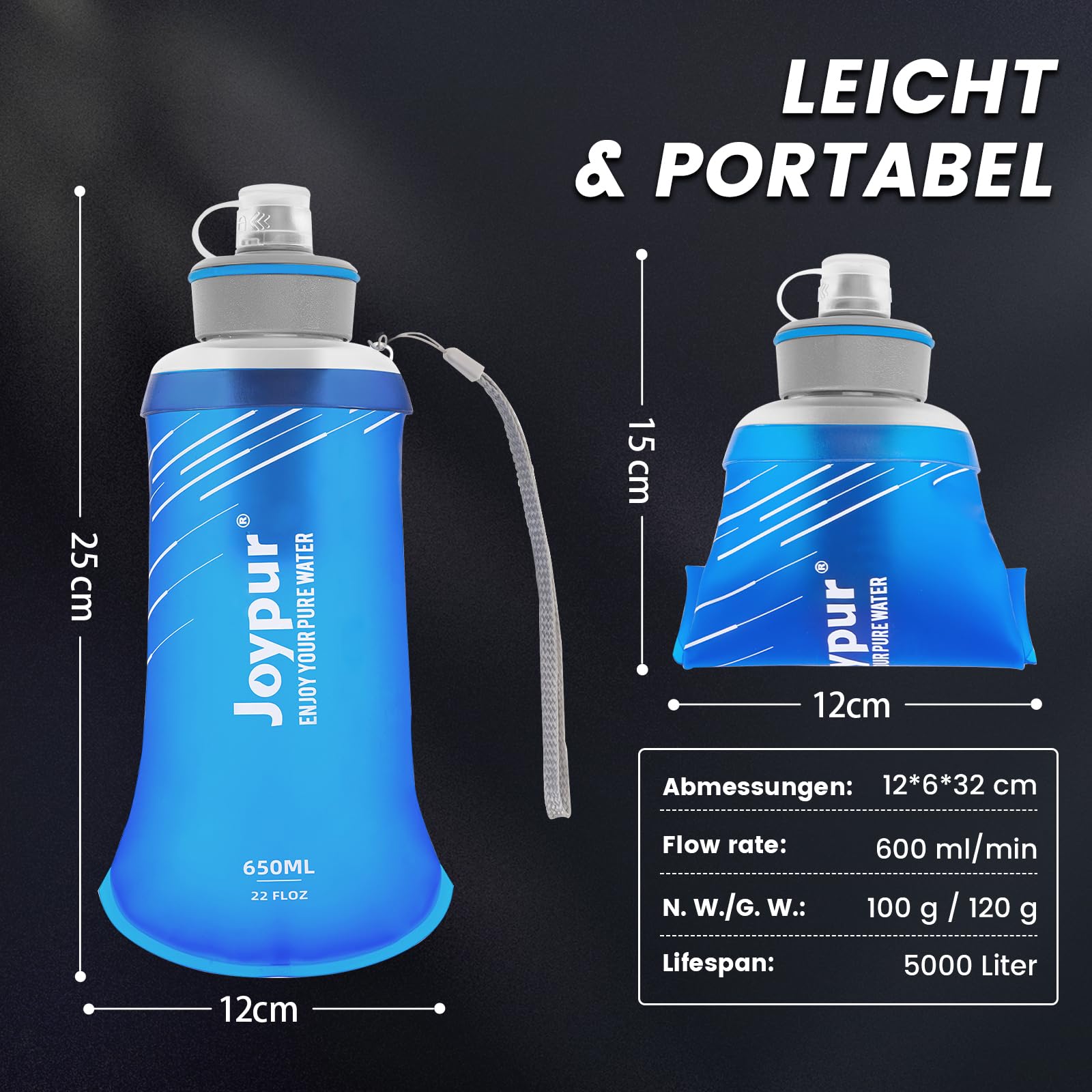 joypur Wasserfilter Flasche 650 ml mit Aktivkohle & Ultrafiltration – 3-Stufen Outdoor Wasserfilter für Trinkwasser, BPA-frei, faltbare Trinkflasche für Camping, Wandern, Notfallvorsorge (Blau) 5