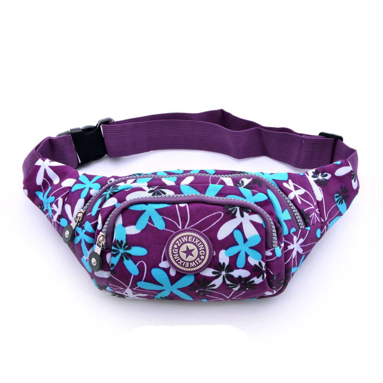 Cygoshop Women's Portable Outdoor Sport Hiking Waist Pack Bum Bag Travel Pouch Waist Pocket (Purple with blue leaves)
