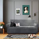 XINEAGE Velvet Chair Slipcover 1 Seater Grey Anti Slip Pets Friendly High view 2