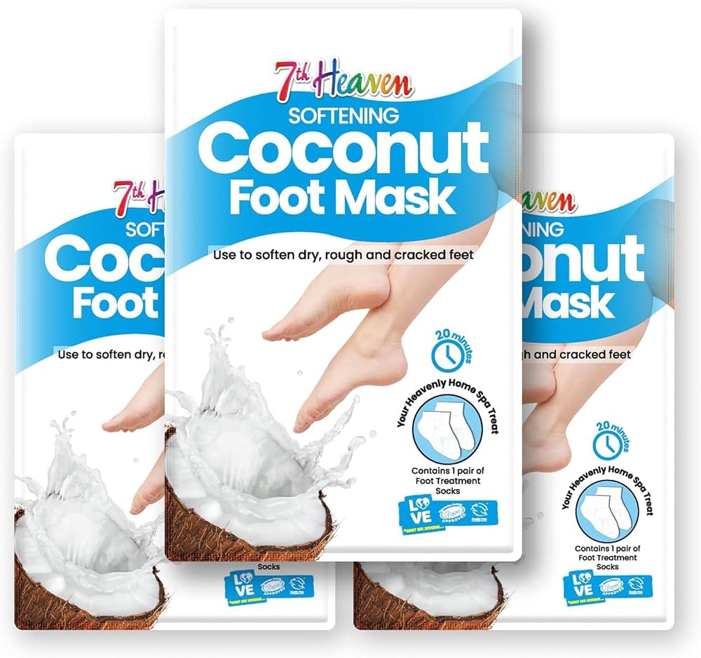 7th Heaven Foot Mask 3 Pack Coconut Shea Butter Moisturising Socks Dry Cracked