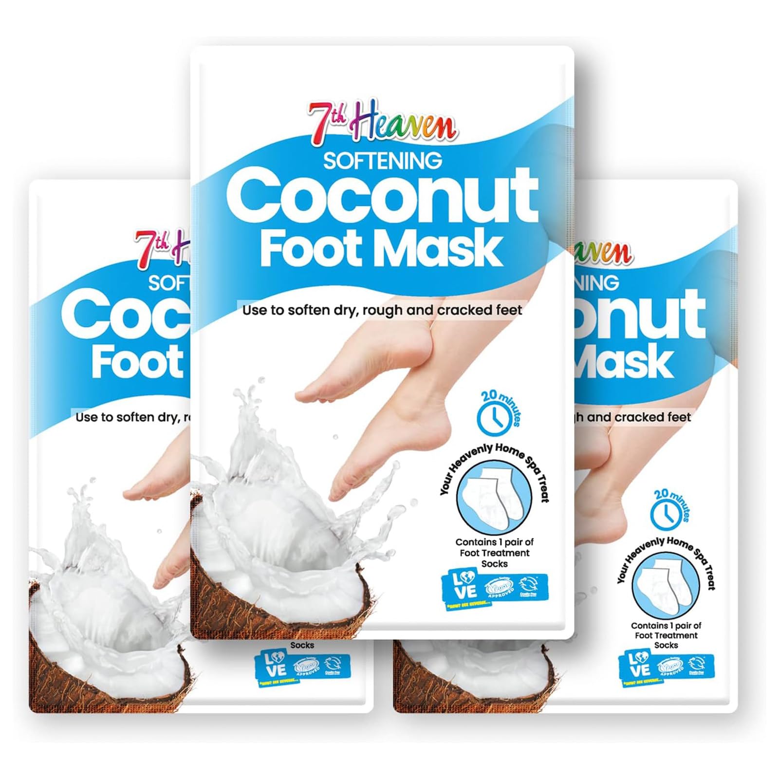 7th Heaven Foot Mask Multipack of 3 Moisturising Foot Treatment Socks – Softening & Nourishing Mask for Dry & Cracked Feet – Infused with Coconut & Shea Butter – At Home Spa Skincare