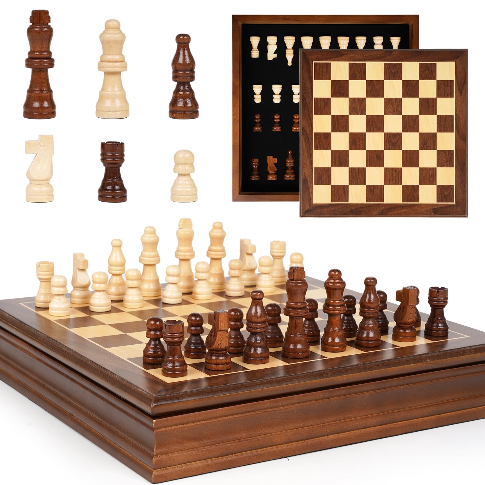 Magnetic Wooden Chess Set with Storage Box – Solid Wood 12 Inch Chess Board with Handmade Magnetic Pieces & 2 Extra Queens, Classic Strategy Board Game for Adults & Kids, Educational Gift