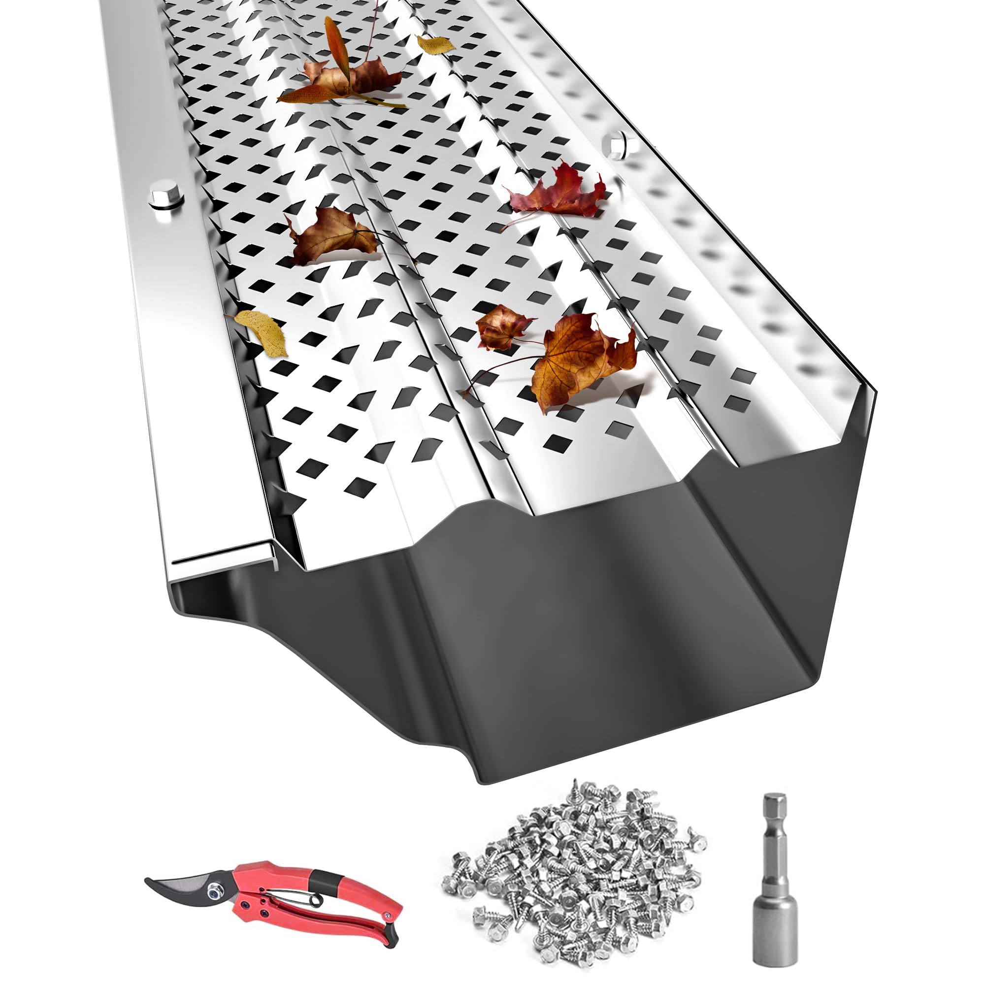 Photo 1 of **BENT ON CORNERS**Gutter Guards 6 inch, Aluminum Leaf Filter Rain Gutter Covers with Screws Included, 32 PCS 108FT DIY Gutter Guards Protection for 5-inch and 6-inch Gutters, Fits Any Roof or Gutter Type (Mill Finish)