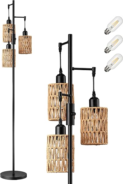 EDISHINE Boho Floor Lamp 3 LED Bulbs Included E27 Dimmable 164cm
