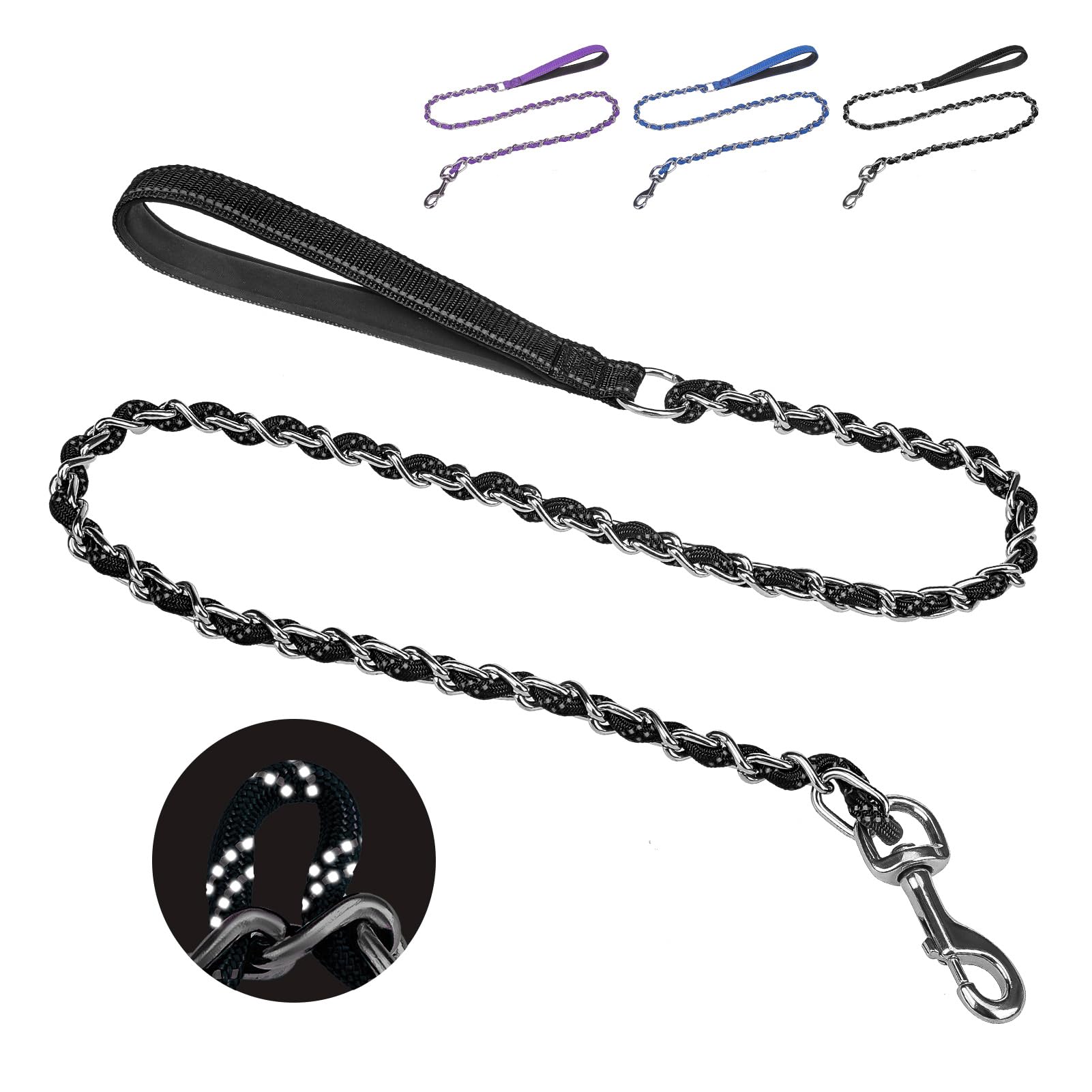 Photo 1 of HOMIMP Heavy Duty Dog Leash - Chew Proof 4 FT, Reflective, Metal Training Leash with Soft Padded Handle, Strong Rope for Night Walking, Black