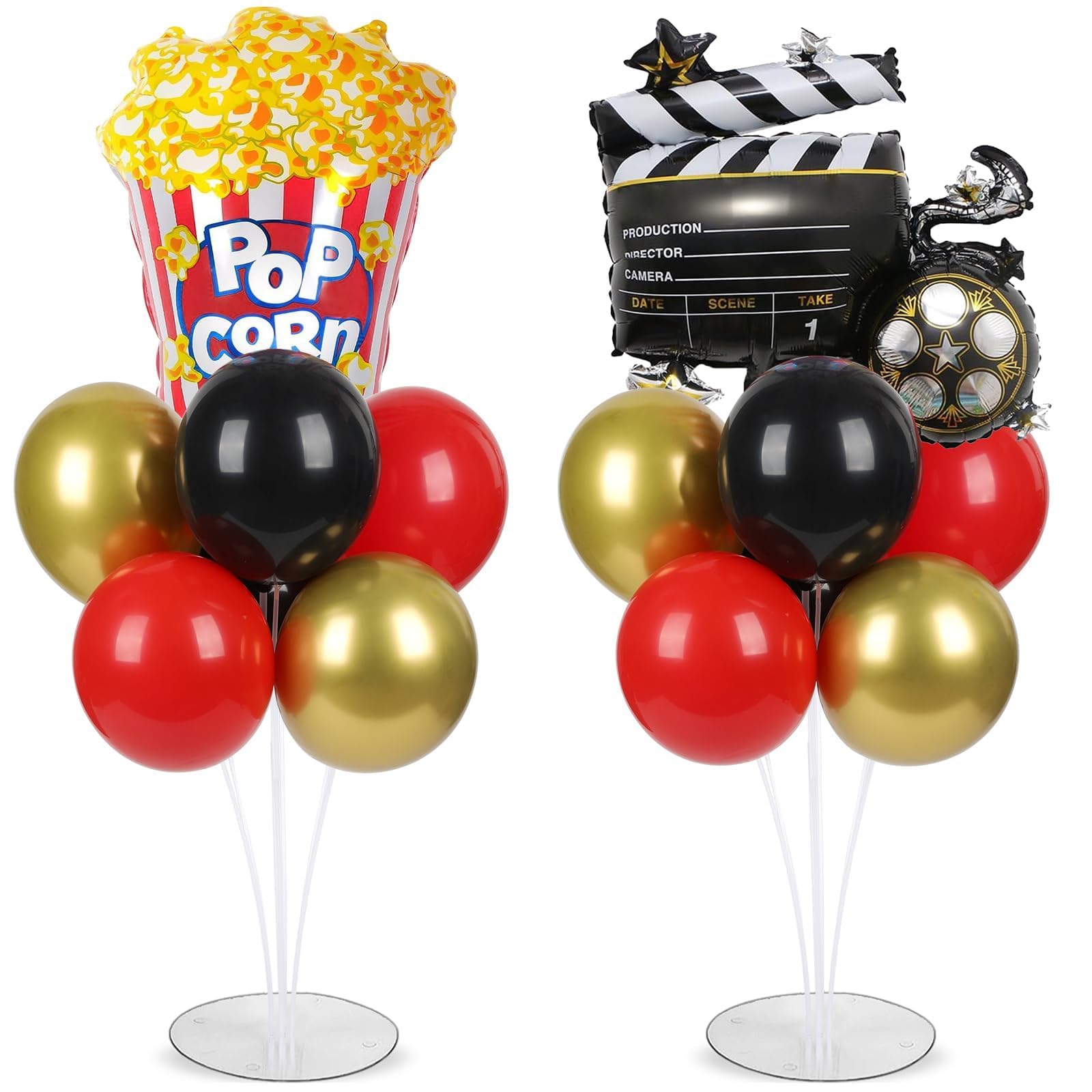 Photo 1 of Movie Night Party Balloons Stand Kit 2 Sets with 2 Popcorn Clapboard Foil Balloons Black Red Gold Party Balloon Centerpiece for Tables for Birthday Camera Film Movie Party Decoration