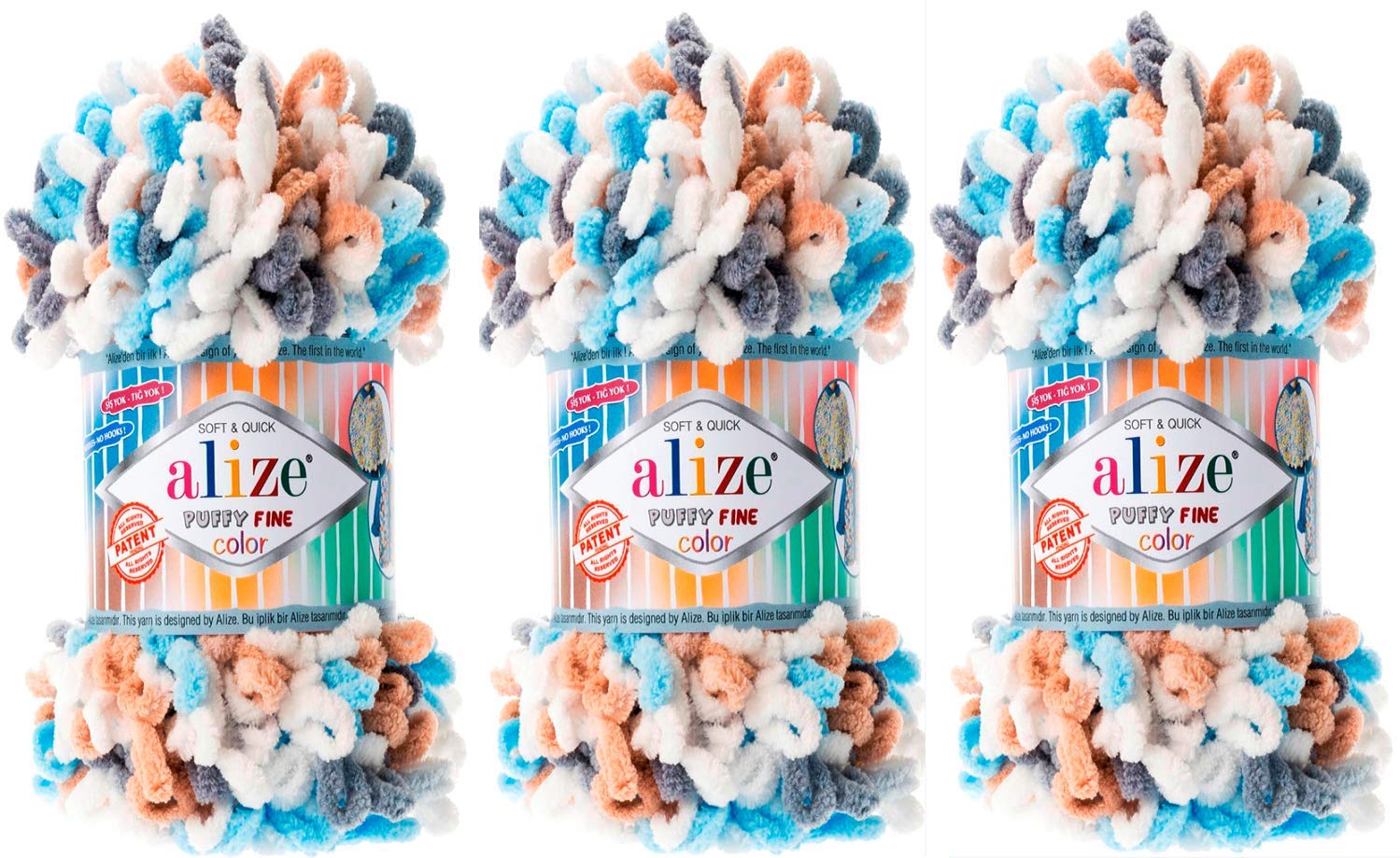 Alize Puffy Fine Color Baby Blanket Yarn Lot of 3skn 300gr 48yds 100% Micropolyester Soft Yarn Hand Knitting Yarn Super Chunky Bulky Woven Worested Yarn (5946)