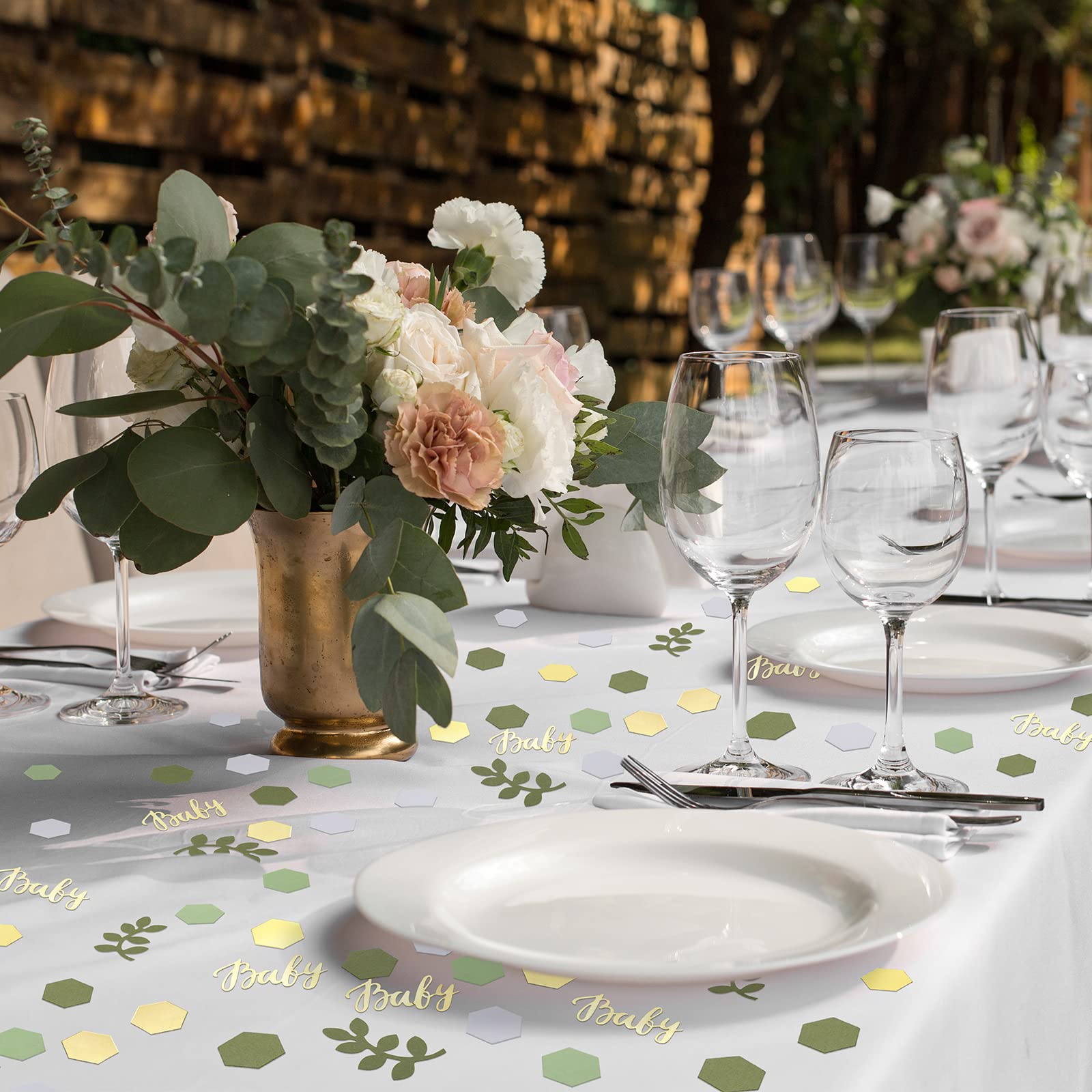 220 Pcs Greenery Baby Shower Confetti Table Decoration with Eucalyptus Sage Green Gold Paper Neutral Confetti Scatter Hexagon Shape for Baby Girl Boy Gender Reveal Birthday Party Decor(Fresh Color)