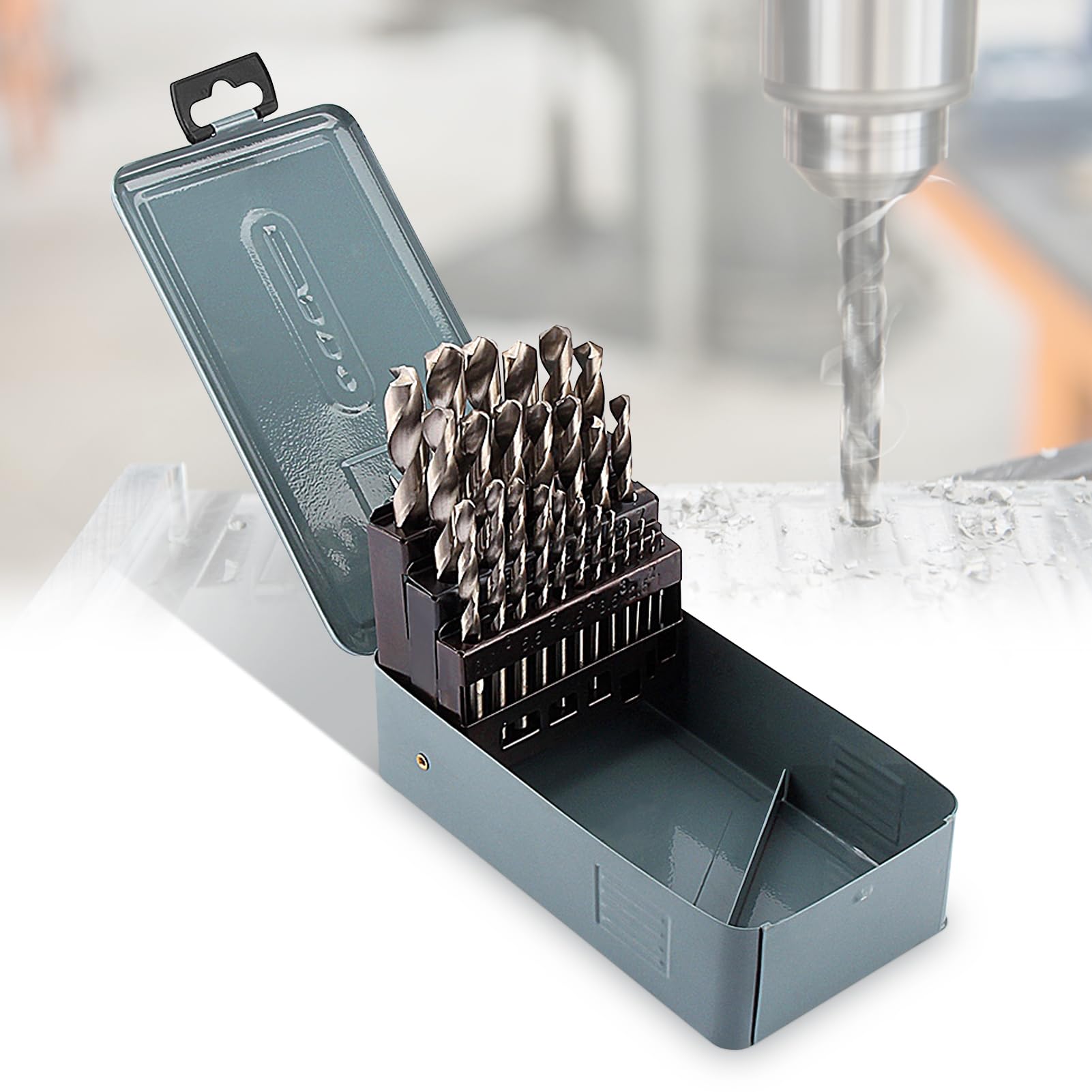 25Pcs HSS Twist Drill Bit Set, 1mm‑13mm HSS Twist Drill Bit, Metal Drill Set Electrical Drilling Tool with a Heavy Metal Storage Box for Cast Iron Non-Ferrous Metals Alloys Non-Alloy Materials