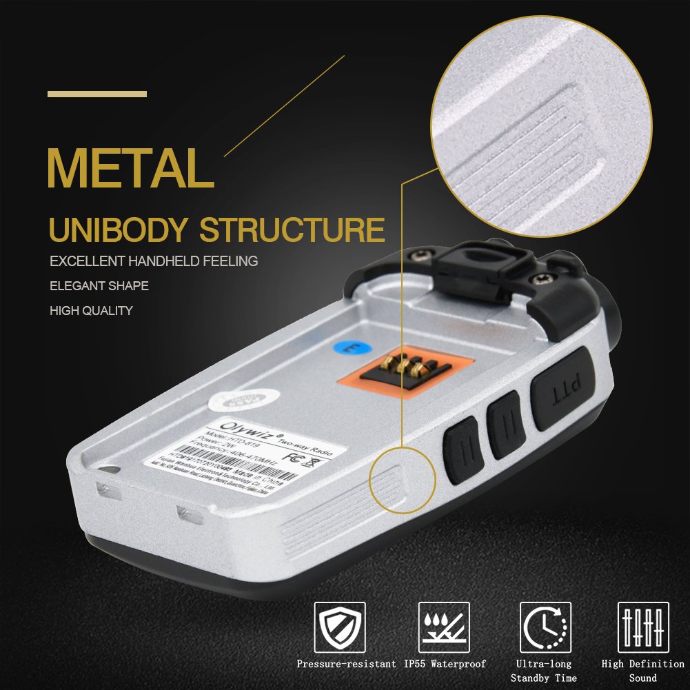 Walkie Talkies 2W Olywiz-819 Aluminum Body Tiny Walkie Talkies Handheld 16 Channels 1800 mAh Battery Two Way Radio 2 Pack