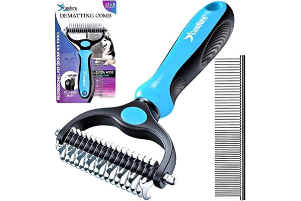 Candure Dematting Comb for Dog and Cat, Pet Grooming Rake and Brushes for Small, Medium Large Dogs Double Sided Deshedding To