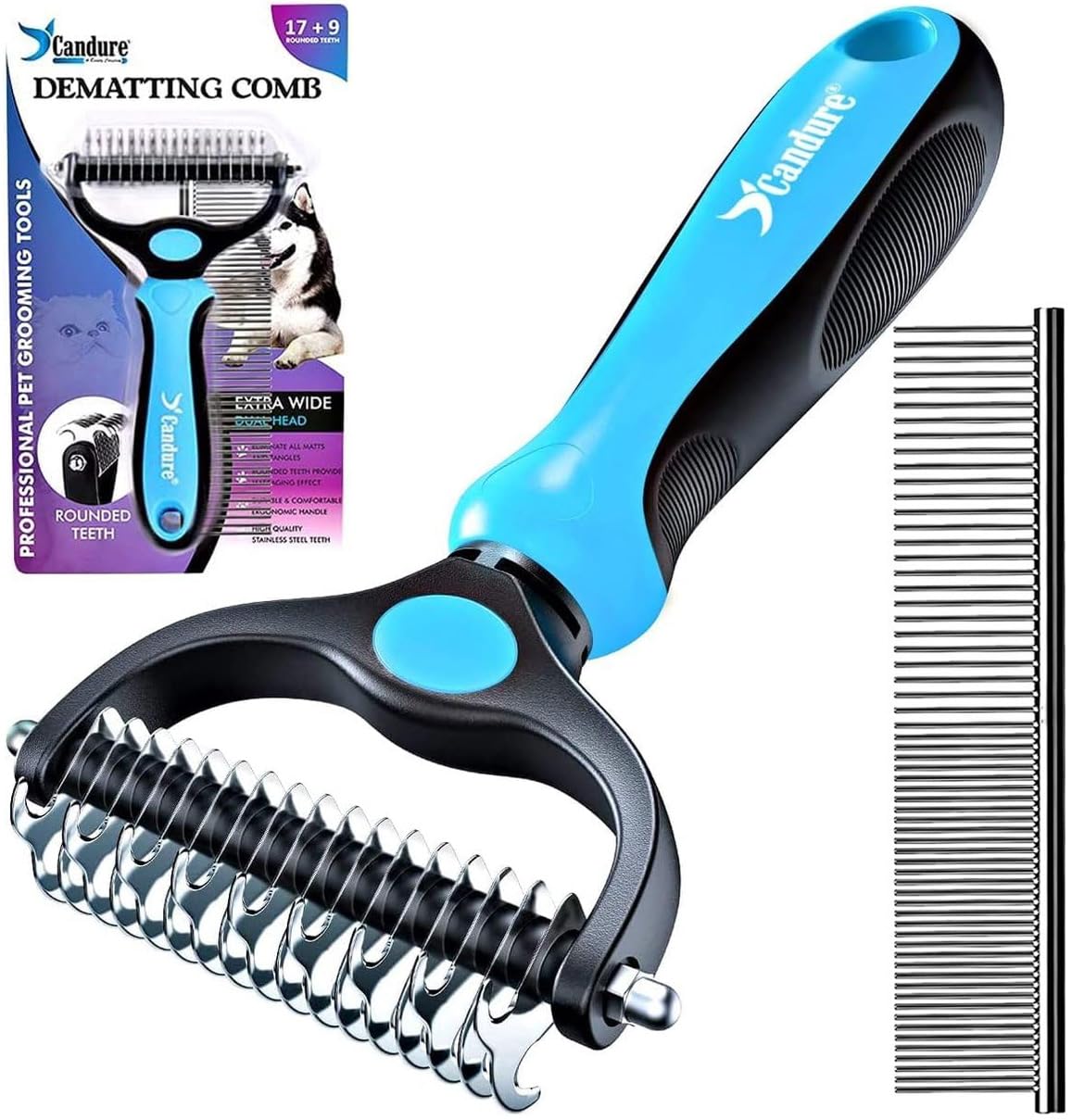Candure Dematting Comb for Dog and Cat, Pet Grooming Rake and Brushes for Small, Medium & Large Dogs 17+9 Double Sided Deshedding Tool Removes Knots and Tangled Hair (Blue)