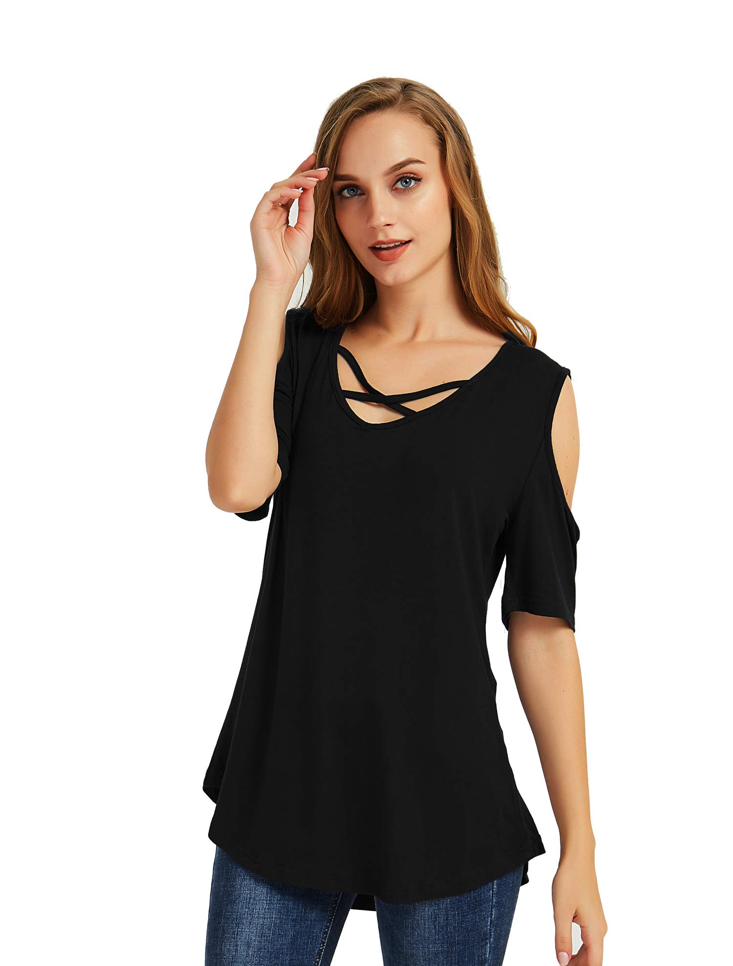 Women Short Sleeve Criss Cross V Neck Cold Shoulder T-Shirt m