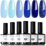 Modelones Gel Nail Polish Set 6 Colors Ocean Blue Sky Navy Glitter Veil