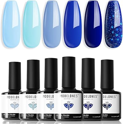 Modelones Gel Nail Polish Set 6 Colors Ocean Blue Sky Navy Glitter Veil