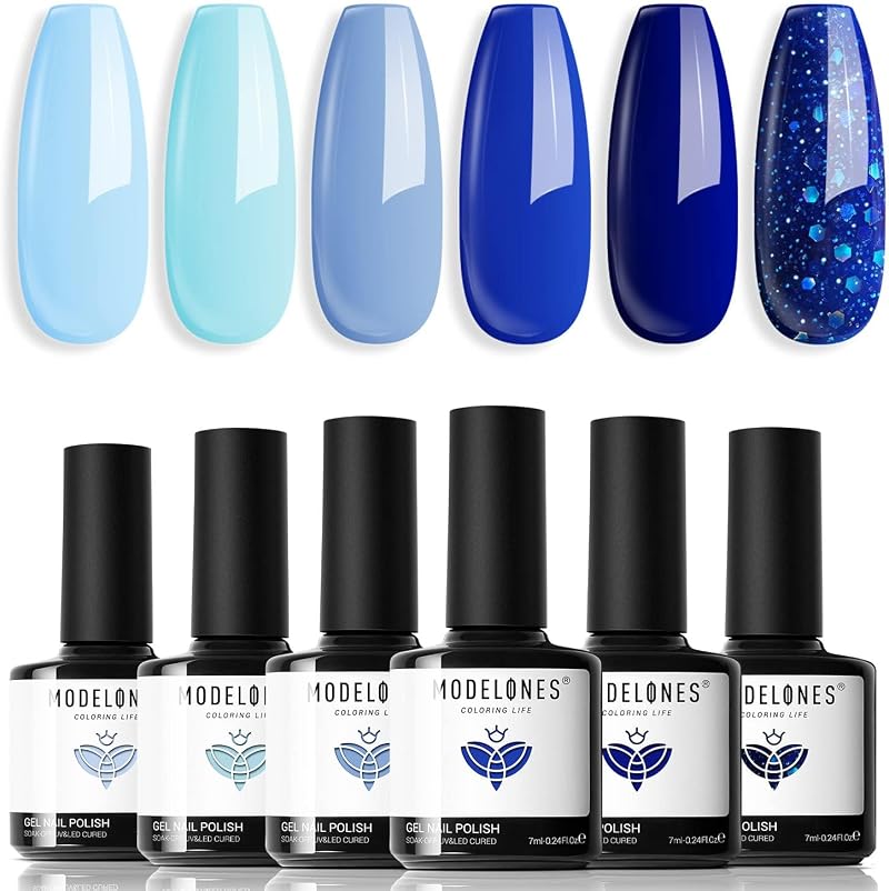 Modelones Gel Nail Polish Set 6 Colors Ocean Blue Sky Navy Glitter Veil