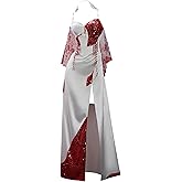 MEOWCOS Gothic Dress Halloween Goth White Red Dress Dark Style Split Gown Dress with Veil