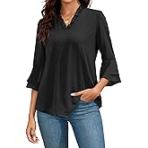 Famulily Womens Tops Casual 3/4 Bell Sleeve Blouses Ruffled V Neck Chiffon Double Layered Work Tunic Shirts