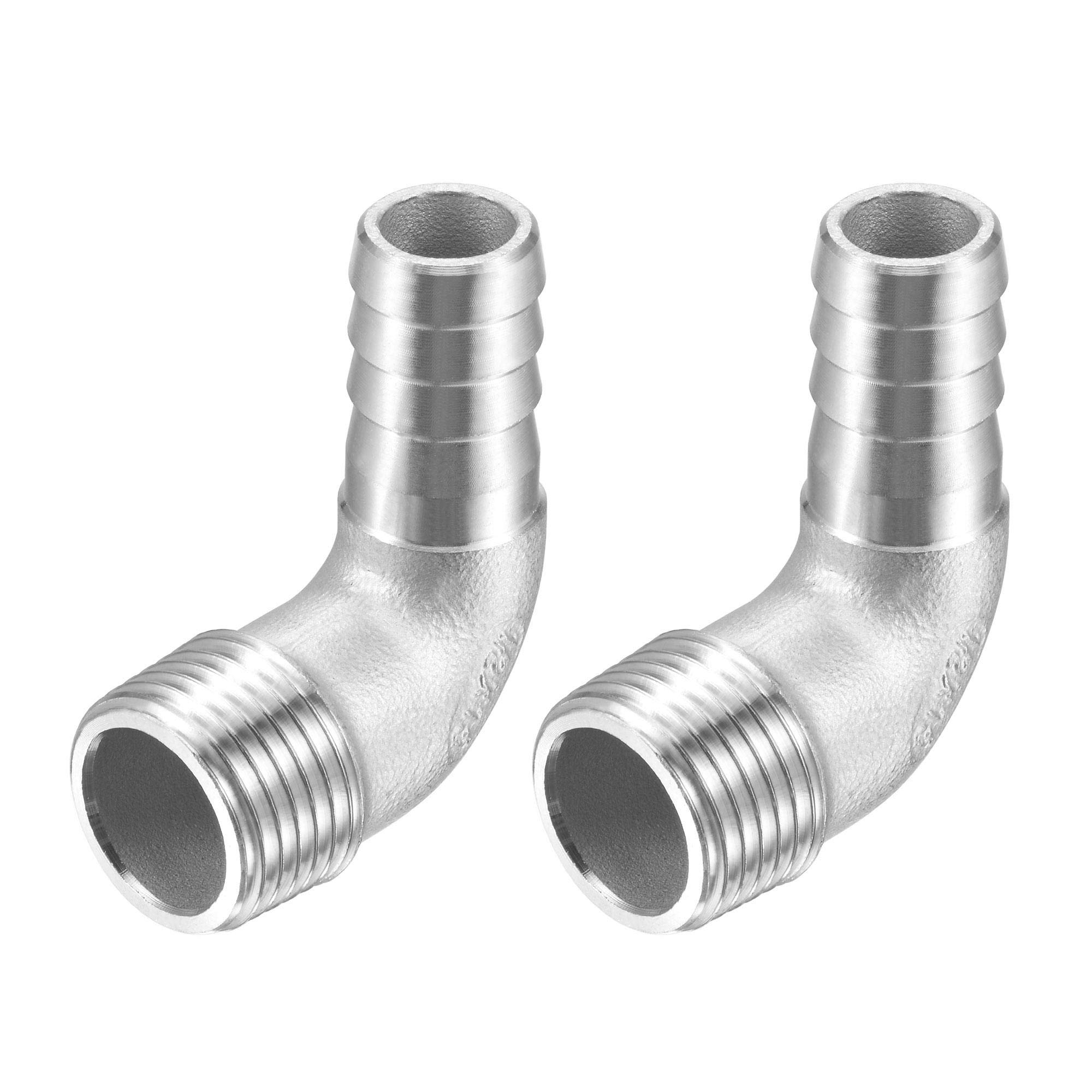 sourcing map 304 Stainless Steel Hose Barb Fitting Elbow, 15mm Barbed x G1/2 Male Pipe Connector Adapter for Water Fuel Air, Pack of 2
