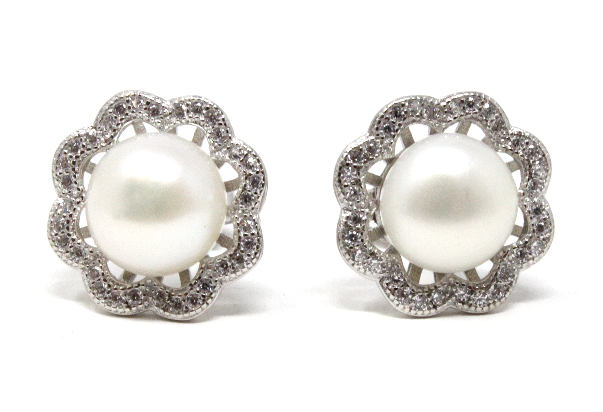 Sterling Silver Cubic Zirconia 8.5-9mm White Freshwater Cultured Pearl Flower Stud Earring Pair