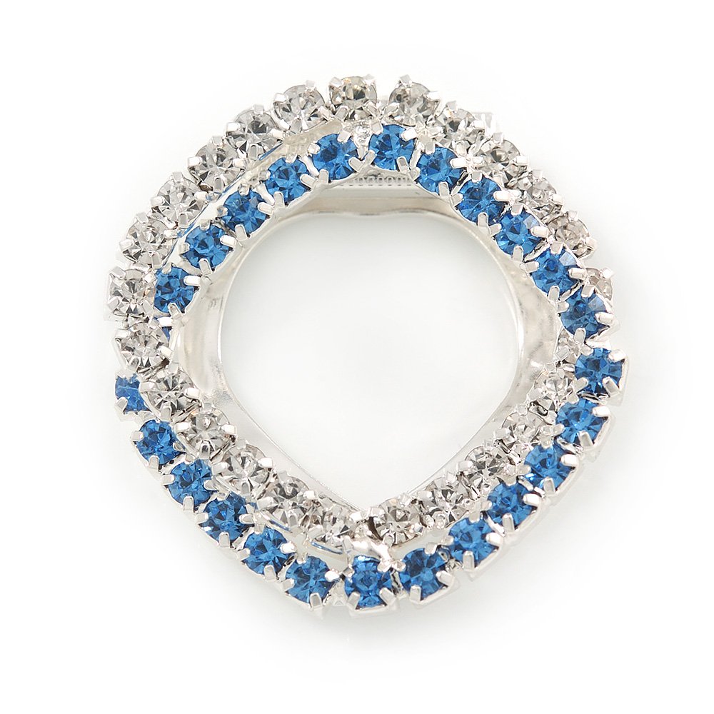 Clear/Light Blue Crystal Square Scarf Clip Brooch In Rhodium Plating - 35mm