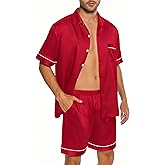 SWOMOG Men Silk Satin Pajamas Short Sleeve Pjs Set Button Down Sleepwear Soft Lounge Set Nightwear with Pockets