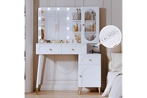 YYJ Modern High Capacity Vanity Desk with Lighted Mirror, Desk Makeup Dressing Table with Power Strip, 10 LED Lights, 3 Drawers, Writing Desk with 3-Sectio Storage Shelves for Bedroom, White