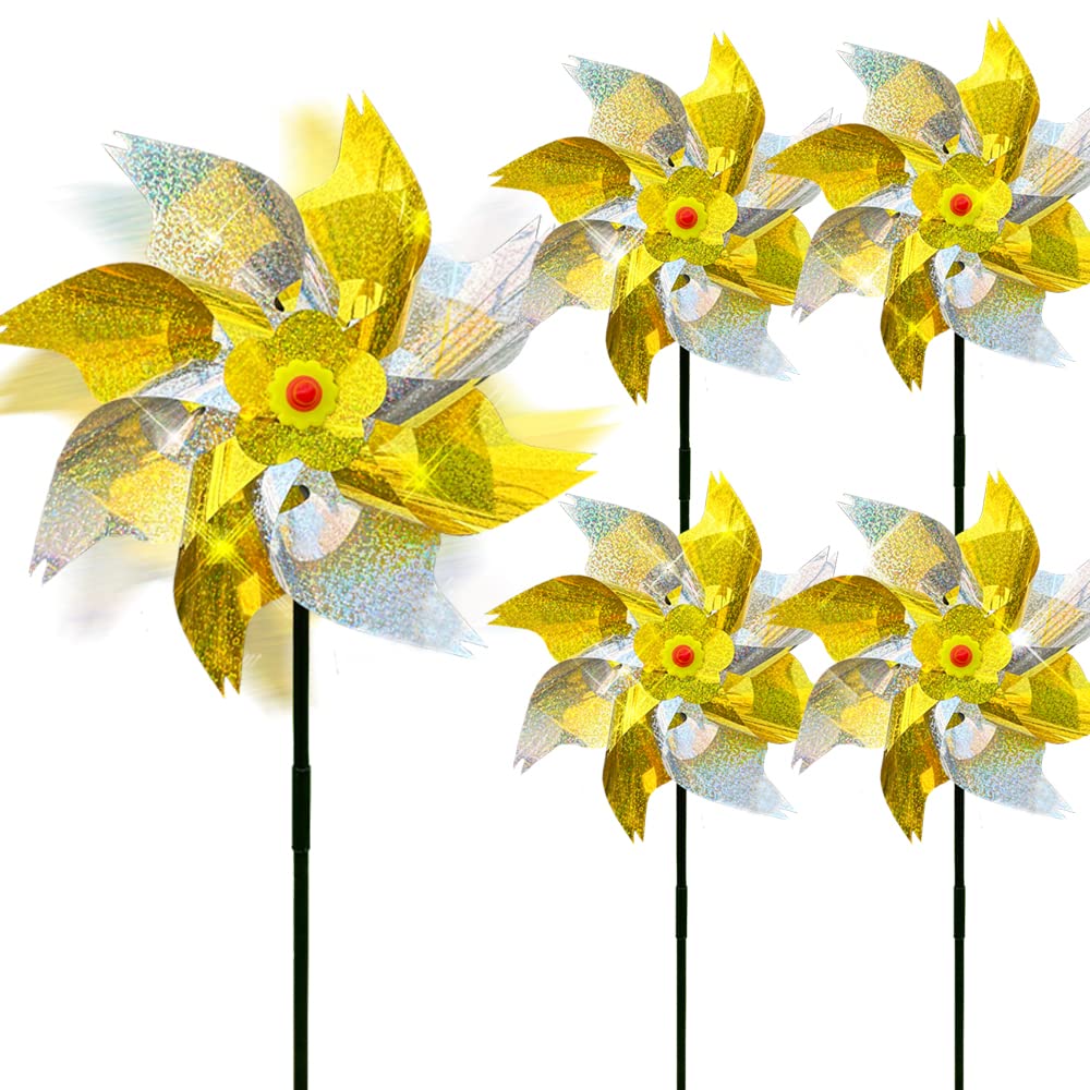 Reflective Bird Repellent Windmill,Sparkly Pinwheel, Reflective pigeon deterrent Spinner bird scarers Repellent PinWheels,Keep Birds Away From Lawn,Garden,orchard,Farm (5PCS-golden silver)