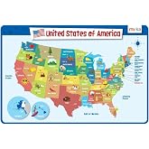 merka United States Map Placemat - 17 x 11 in, Laminated, Multicolor - Reusable Kids Dining Mat with Secure Backing &amp; State Capitals Map