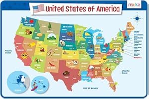 merka Kids US Map Placemat for Dining Table, Non Slip Resulable Placemats for Kids, Learn United States of America, Geography Map, Capitals of All 50 States