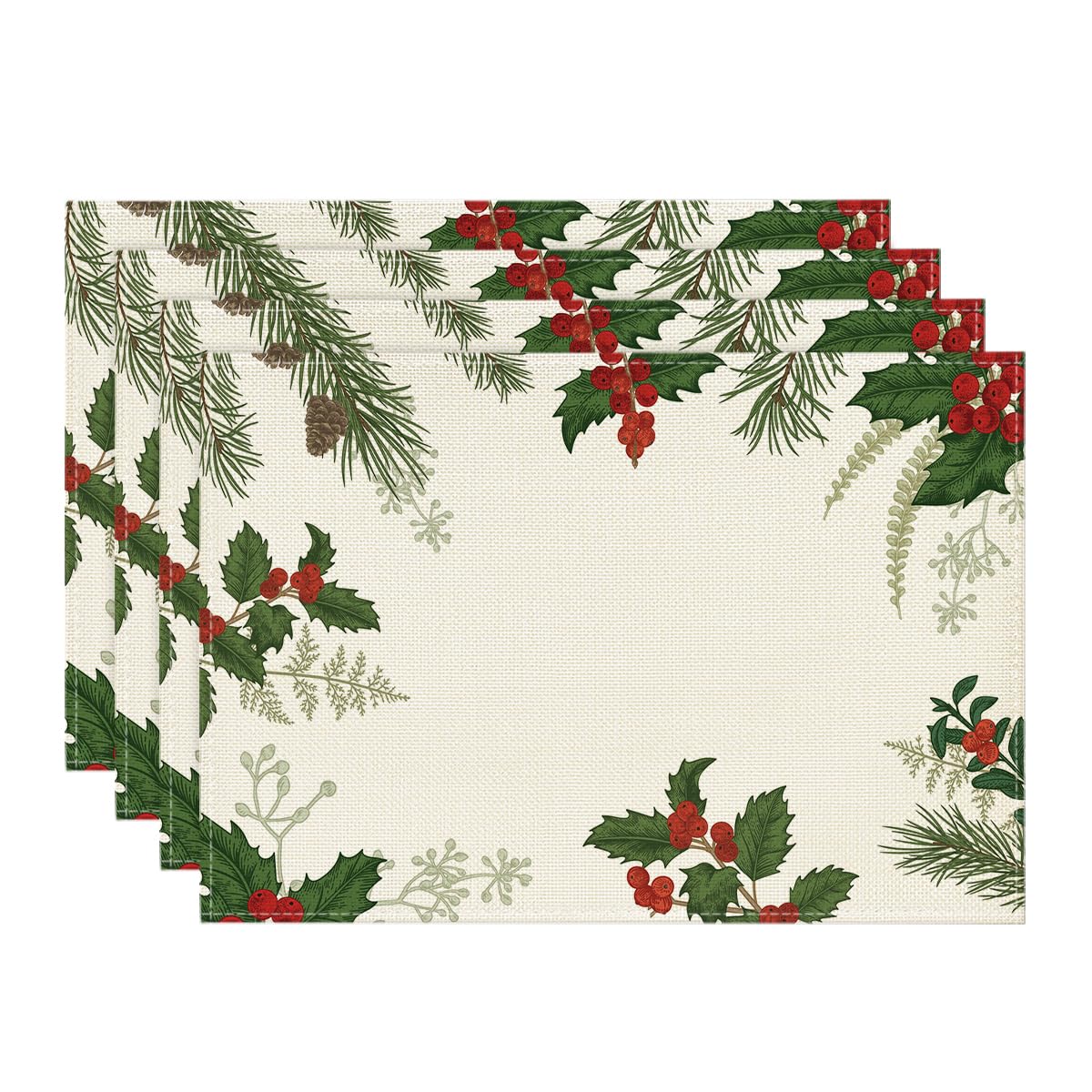 Photo 1 of Artoid Mode Holly Pine Cone Christmas Placemats Set of 4, 12x18 Inch Seasonal Winter Table Mats for Party Kitchen Dining Decoration