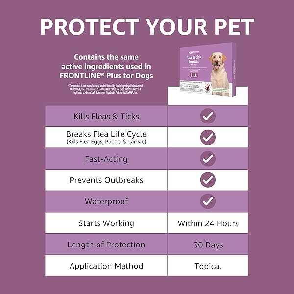 AMAZON BASICS FLEA AND TICK TOPICAL TREATMENT FOR LARGE DOGS (45-88 POUNDS), UNSCENTED, 3 COUNT (PREVIOUSLY SOLIMO)