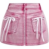 MakeMeChic Women's Denim Skirt High Waist Bow Pocket Bodycon Y2K Mini Jean Skirts