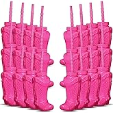 Hoolerry 10 oz Plastic Cowboy Boot Cups with Straws and Lids Plastic Cowboy Cups for Western Themed Party Supplies and Rodeo Party Decorations(Hot Pink,24 Pcs)