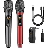 Aveek Wireless Microphone for Karaoke, 2.4GHz Rechargeable Karaoke Microphone(Work 10hs), for Speaker, Karaoke Machine,Church, Speech, Wedding, Party Singing, Grey&Red, 2 Packs