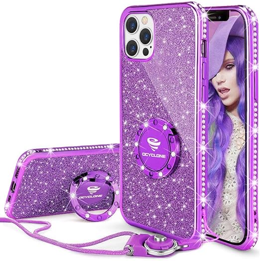 Amazon Com Ocyclone Compatible For Iphone 12 Pro Max Case Cute Glitter Sparkle Bling Diamond Rhinestone Bumper Case With Ring Kickstand Women Girls Soft Protective Case For Iphone 12 Pro Max 6 7 Inch Purple