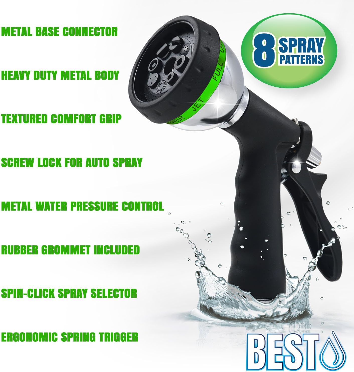 BEST Garden Hose Nozzle (HIGH Pressure Technology) - 8 Way Spray Pattern - Jet, Mist, Shower, Flat, Full, Center, Cone, and Angel Water Sprayer Settings - Rear Trigger Design - Steel Chrome Design: Automotive